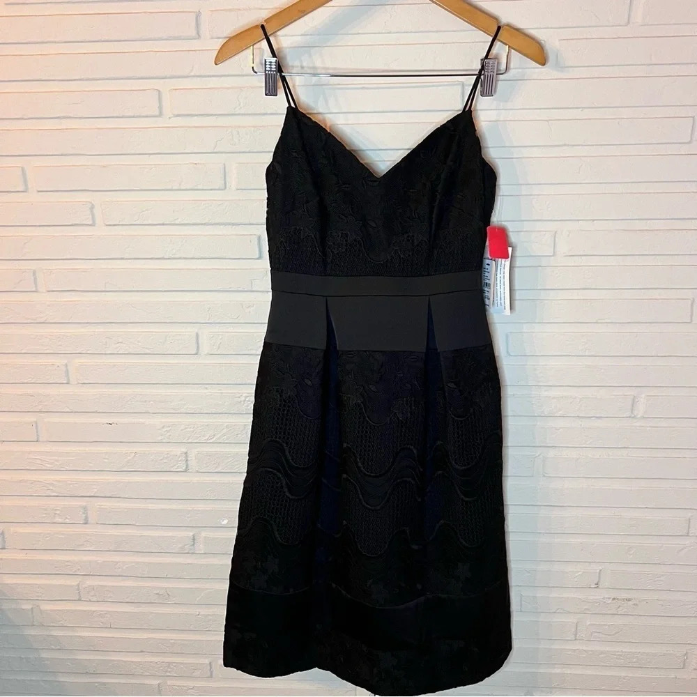 Aidan Mattox Black Embroidered Lace Floral Pleated A-Line Dress, Women’s Size 0